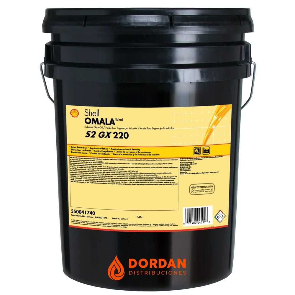 Shell Omala S2 GX 220 Aceite para Engranajes Industriales Balde 5 Galones (18,9 L)